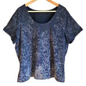 Coldwater Creek Women’s Navy Silver Metallic Floral Scoop Neck Top Plus 2X